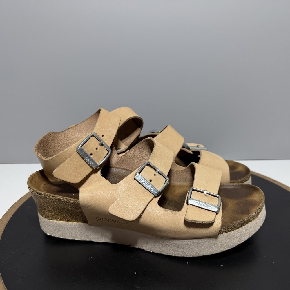Birkenstock Papillio Sandals Womens 7 38 Beige Leather Wedge Slingback Platform